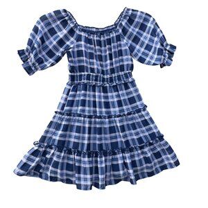 Three Pink Heart Navy Plaid Ruffled‎ Dress With Puff Sleeves Elastic Waist small